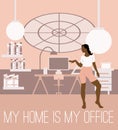 My home is my office. Vector hand drawn illustration of girl in the room.