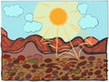 Bright sun with orange and yellow light sunlight over mountain and rocks art photo vector illustration