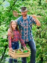 My job is my passion. spring village country. little girl and happy man dad. earth day. new life. ecology environment Royalty Free Stock Photo