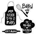 My kitchen my rules. Baked with love. Lets bake. The master of kitchen. Vector cooking lettering set with kitchenware silhouette. Royalty Free Stock Photo