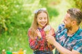 It is my life. daughter and father love dandelion flower. family summer farm. ecology. Happy family day. little girl and Royalty Free Stock Photo