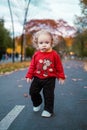 My little daughter plays with autumn leaves in the city park. Cute baby girl playing outdoors. Royalty Free Stock Photo