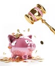 My little pink porcelain piggy bank with gold coins is smashed by a golden hammer Royalty Free Stock Photo