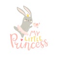 My little princess. Vector illustration of a dancing bunny girl in a skirt and birds with a cute baby phrase, print on Royalty Free Stock Photo