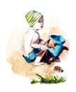 Boy on the beach playing in the sand. Watercolor hand dawing illustration Royalty Free Stock Photo