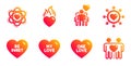 My love, Be sweet and One love icons set. Atom, Dating network and Heart flame signs. Vector