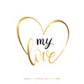 My love gold text in heart isolated on white background