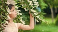 My memories. summer nature. female hairdresser fashion. small girl with long curly hair. little beauty in white dress