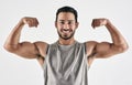 My muscles are my best clothes. Studio portrait of a muscular young man flexing his biceps against a white background. Royalty Free Stock Photo