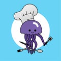 Illustration of Jellyfish Chefs Wear Chef Hats and Carry Knives, Spatulas, Spoons and Forks Cartoon, Cute Funny Character, Flat De