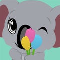 Illustration of Koala Close Their One Eye and Hold Tulips Cartoon, Cute Funny Character, Flat Design Royalty Free Stock Photo