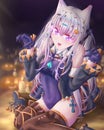 Cute Nekomimi Anime Girl With Haloween Outfit, White Twintail Hair And Purple Eyes