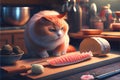 Chef pet cat using knife preparing and eating sushi