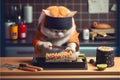 Chef pet cat using knife preparing and eating sushi
