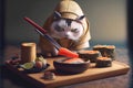 Chef pet cat using knife preparing and eating sushi