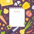 My Recipe Blank Card Template with Fresh Vegetables Pattern, Cookbook Page Vector Illustration