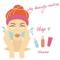 My daily routine. Skin care illustration. Correct order to apply skin care products. Step 1 Cleanse