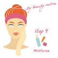 My daily routine. Skin care illustration. Correct order to apply skin care products. Step 4 Moisturize