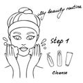 My daily routine. Skin care vector illustration. Correct order to apply skin care products. Step 1 Cleanse