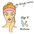 My daily routine. Skin care vector illustration. Correct order to apply skin care products. Step 4 Moisturize