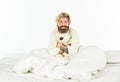 It is my. sleeping at home in bed with his toy. man sleeping in embrace with white teddy bear. Handsome hipster hold Royalty Free Stock Photo