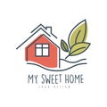 My sweet sweet home logo design, ecologic home sign with green leaves, clean energy, building materials and technologies