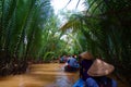 My Tho, Vietnam: Tourist at Mekong River Delta jungle cruise with unidentified craftman and fisherman rowing boats on flooding mud Royalty Free Stock Photo