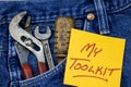 Toolkit toolbox pants pocket hand tools work wrench Royalty Free Stock Photo