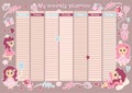 My week planner. Cute weekly and daily schedule with beautiful girls princesses, toys, unicorn, cat and flowers on pink background