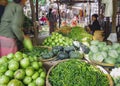 MYANMAR, BAGAN - FEB 3, 2018 : Nyaung U Market Local market sell fresh food vegetable fruit in Bagan Crowd people tourist seller