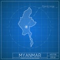 Myanmar blueprint map template with capital city.