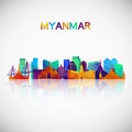 Myanmar, Burma skyline silhouette in colorful geometric style.