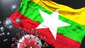 Myanmar and the covid pandemic - corona virus attacking national flag of Myanmar to symbolize the fight, struggle and the virus