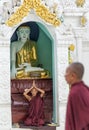 Monk praying in Shwedagon pagoda early morning, Yangon, Myanmar