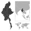 Myanmar - detailed country outline and location on world map.
