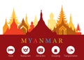 Myanmar Landmarks Skyline with Accommodation Icons