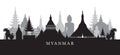 Myanmar Landmarks Skyline in Black and White Silhouette
