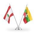 Myanmar and Lebanon table flags isolated on white 3D rendering