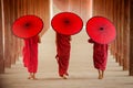 Myanmar Novice monk walking together in ancient pagoda Bagan Man Royalty Free Stock Photo