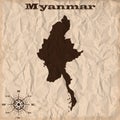 Myanmar old map with grunge and crumpled paper. Vector illustration
