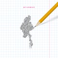 Myanmar sketch scribble vector map drawn on checkered school notebook paper background Royalty Free Stock Photo