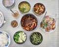 Myanmar traditional seafood curry recipes in Chaugtha beach. Menu such as Crab masala, squid salad, prawn curry, ngapi paste,