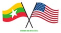 Myanmar and United States Flags Crossed And Waving Flat Style. Official Proportion. Correct Colors