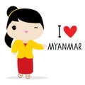 Myanmar Women National Dress Cartoon Vector