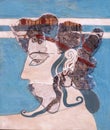 Mycenaean fresco wall painting fragment depicting a woman from a ceremonial procession in Tiryns palace, Argolis, Greece