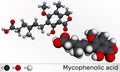 Mycophenolic acid, MPA, mycophenolate, C17H20O6 molecule. It is an immunosuppresant drug and potent anti-proliferative. Molecular