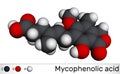 Mycophenolic acid, MPA, mycophenolate, C17H20O6 molecule. It is an immunosuppresant drug and potent anti-proliferative. Molecular