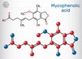 Mycophenolic acid, MPA, mycophenolate, C17H20O6 molecule. It is an immunosuppresant drug and potent anti-proliferative. Sheet of