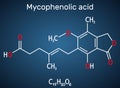 Mycophenolic acid, MPA, mycophenolate, C17H20O6 molecule. It is an immunosuppresant drug and potent anti-proliferative. Sheet of