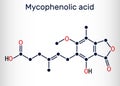 Mycophenolic acid, MPA, mycophenolate, C17H20O6 molecule. It is an immunosuppresant drug and potent anti-proliferative. Skeletal